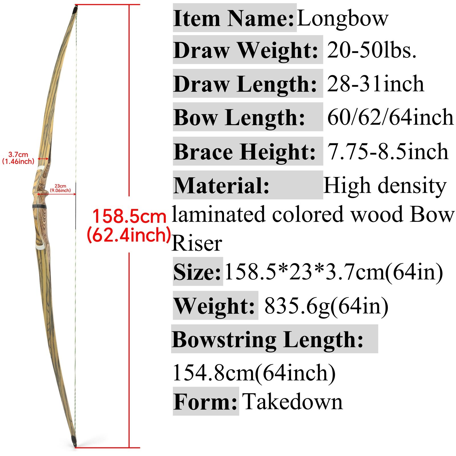60'' 62'' 64'' Archery Traditional Longbow Wooden 20-50lbs Takedown Shooting RH
